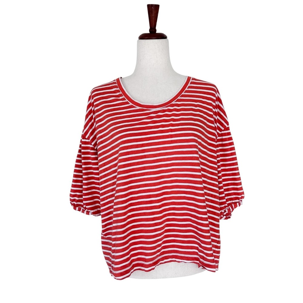 CABI Size Medium Poolside‎ Puff Sleeve Top Orange White Stripe #5984 Blouse - Picture 2 of 13